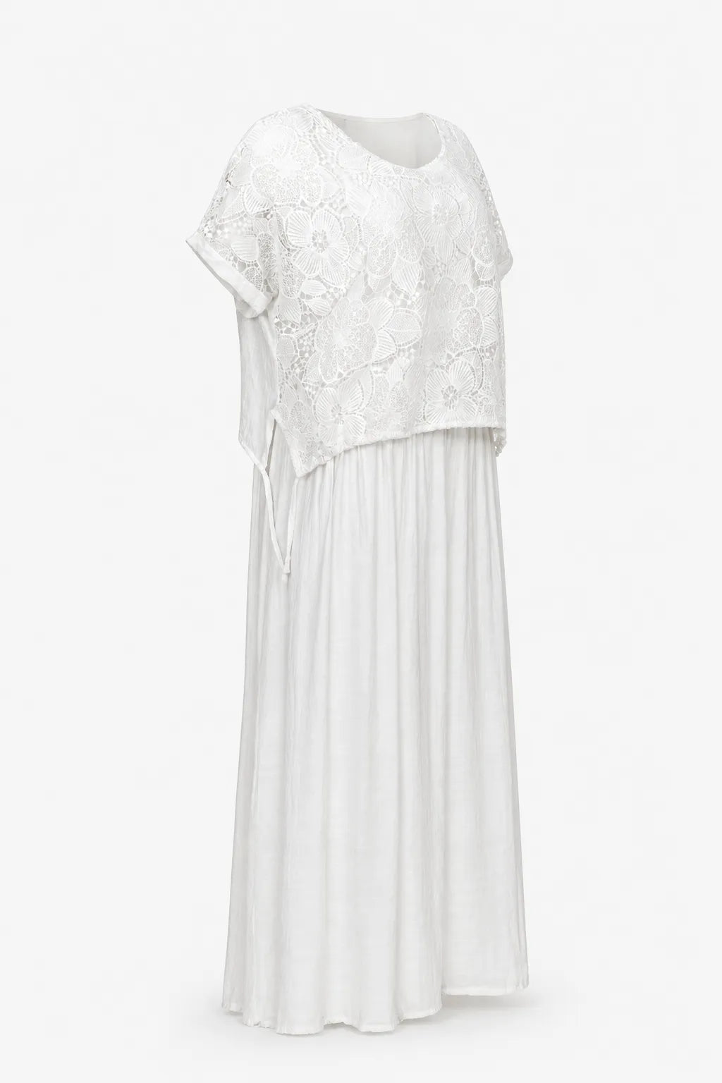 Бяла памучна рокля с дантелен топ – White Lace-рокли-6Sense