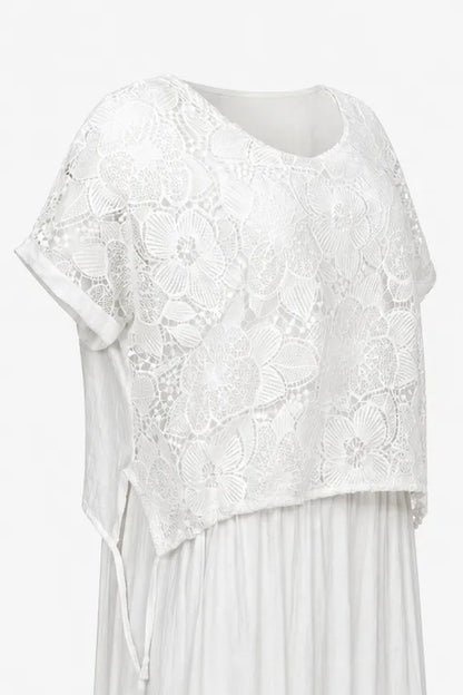 Бяла памучна рокля с дантелен топ – White Lace-рокли-6Sense