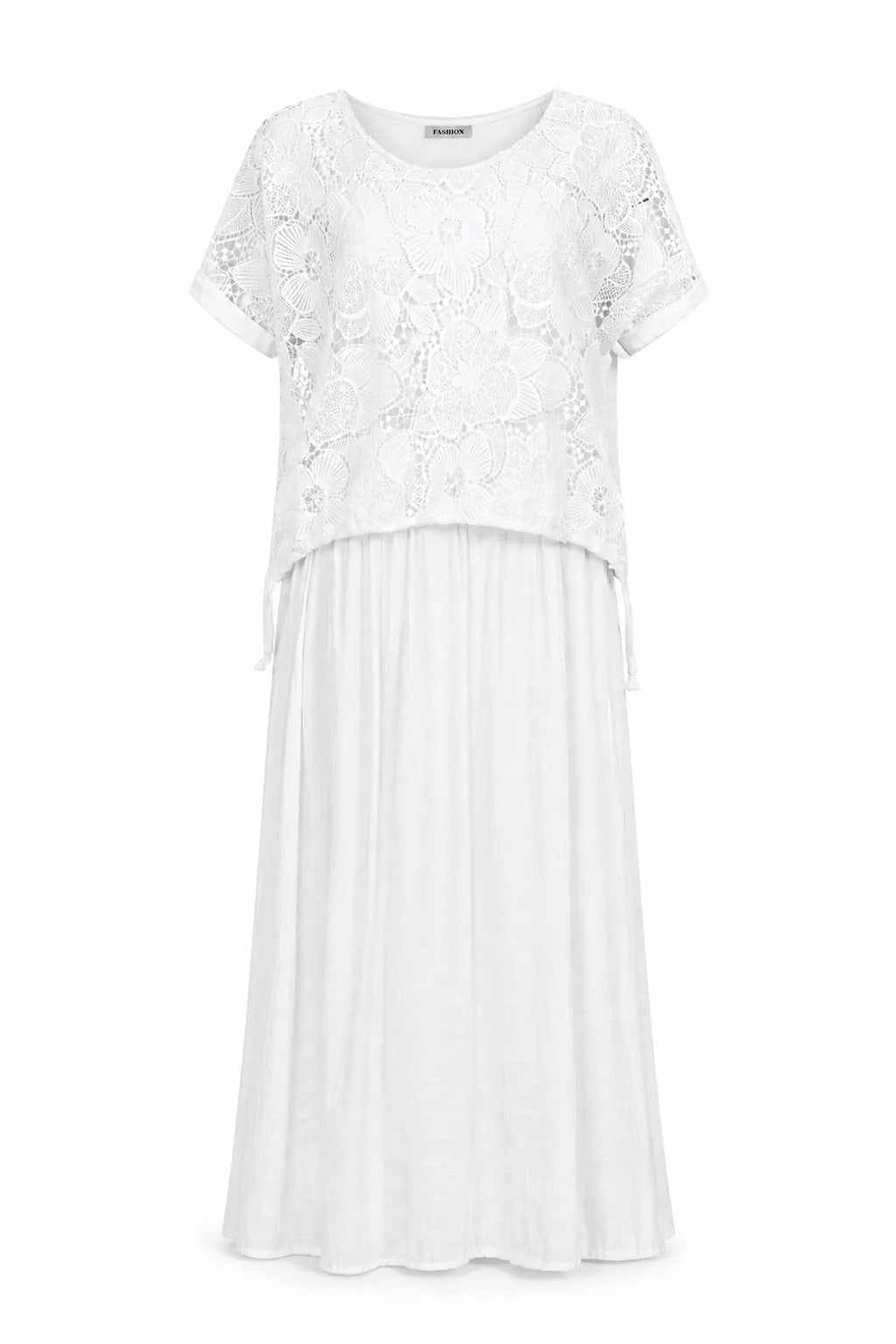 Бяла памучна рокля с дантелен топ – White Lace-рокли-6Sense