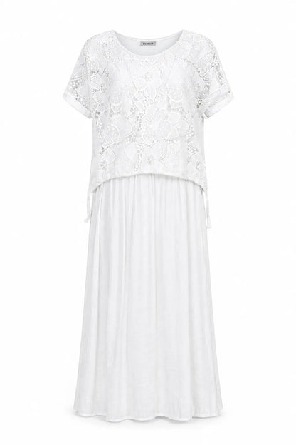 Бяла памучна рокля с дантелен топ – White Lace-рокли-6Sense