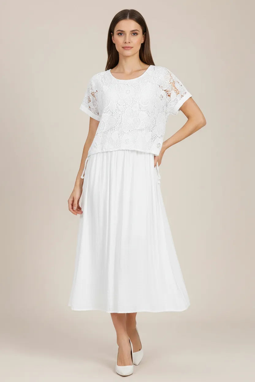 Бяла памучна рокля с дантелен топ – White Lace-рокли-6Sense