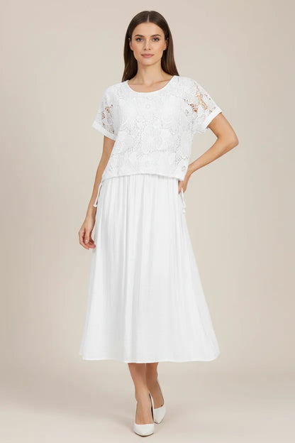 Бяла памучна рокля с дантелен топ – White Lace-рокли-6Sense