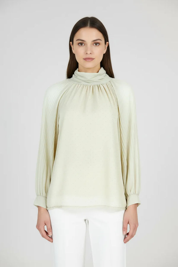 Блуза с висока яка и плисирани ръкави - Ivory Whisper-блузи-6Sense