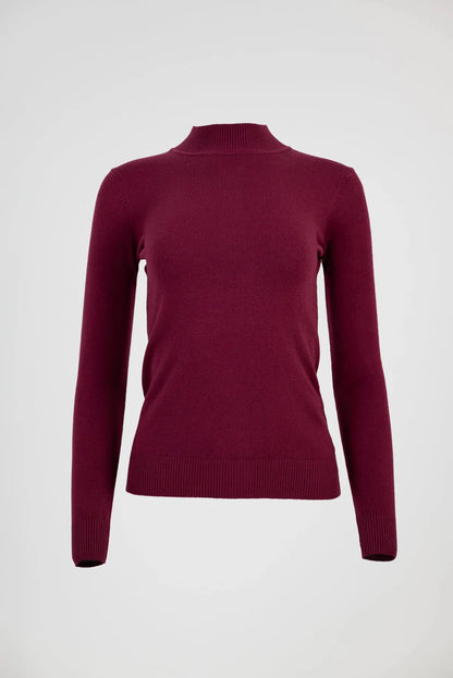 Бордо блуза от фино плетиво с полу-поло - Soft Mock-блузи-6Sense