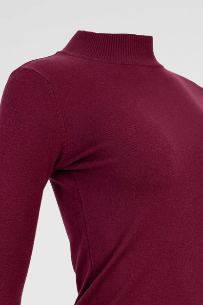 Бордо блуза от фино плетиво с полу-поло - Soft Mock-блузи-6Sense