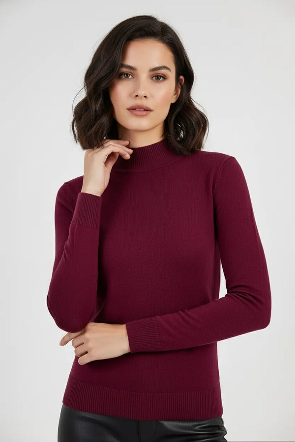 Бордо блуза от фино плетиво с полу-поло - Soft Mock-блузи-6Sense