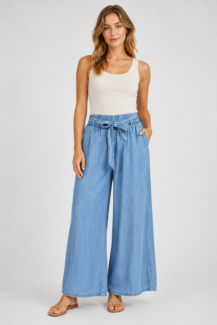 Широк тенсел панталон с висока талия – Light Denim