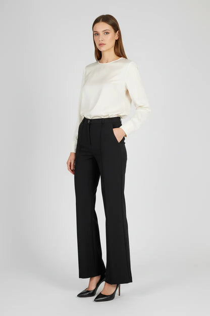 Черен дамски палацо панталон с широк крачол – Black Tailored Palazzo-панталони-6Sense