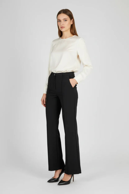 Черен дамски палацо панталон с широк крачол – Black Tailored Palazzo-панталони-6Sense