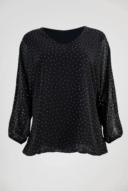Черна блуза с фини блестящи камъни - Midnight Sparkle-блузи-6Sense