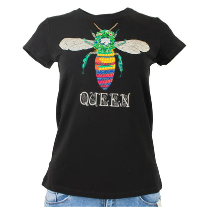 Black cotton-blend t-shirt with a vibrant, embellished rainbow bee and "QUEEN" text.