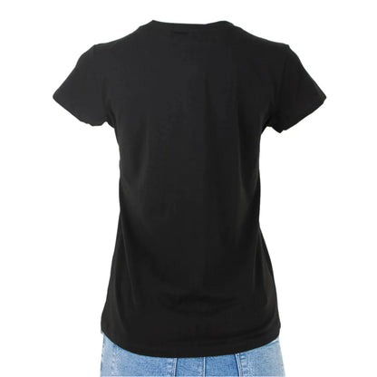Back view of a plain black women's t-shirt, showcasing its comfortable fit and soft cotton blend.