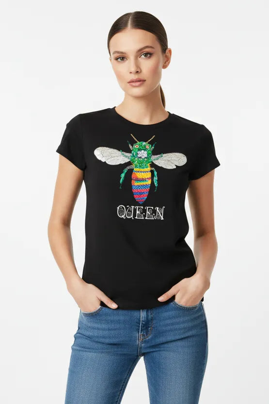 Черна дамска тениска - Queen Bee | колекция пролет-лято-Тениски-6Sense