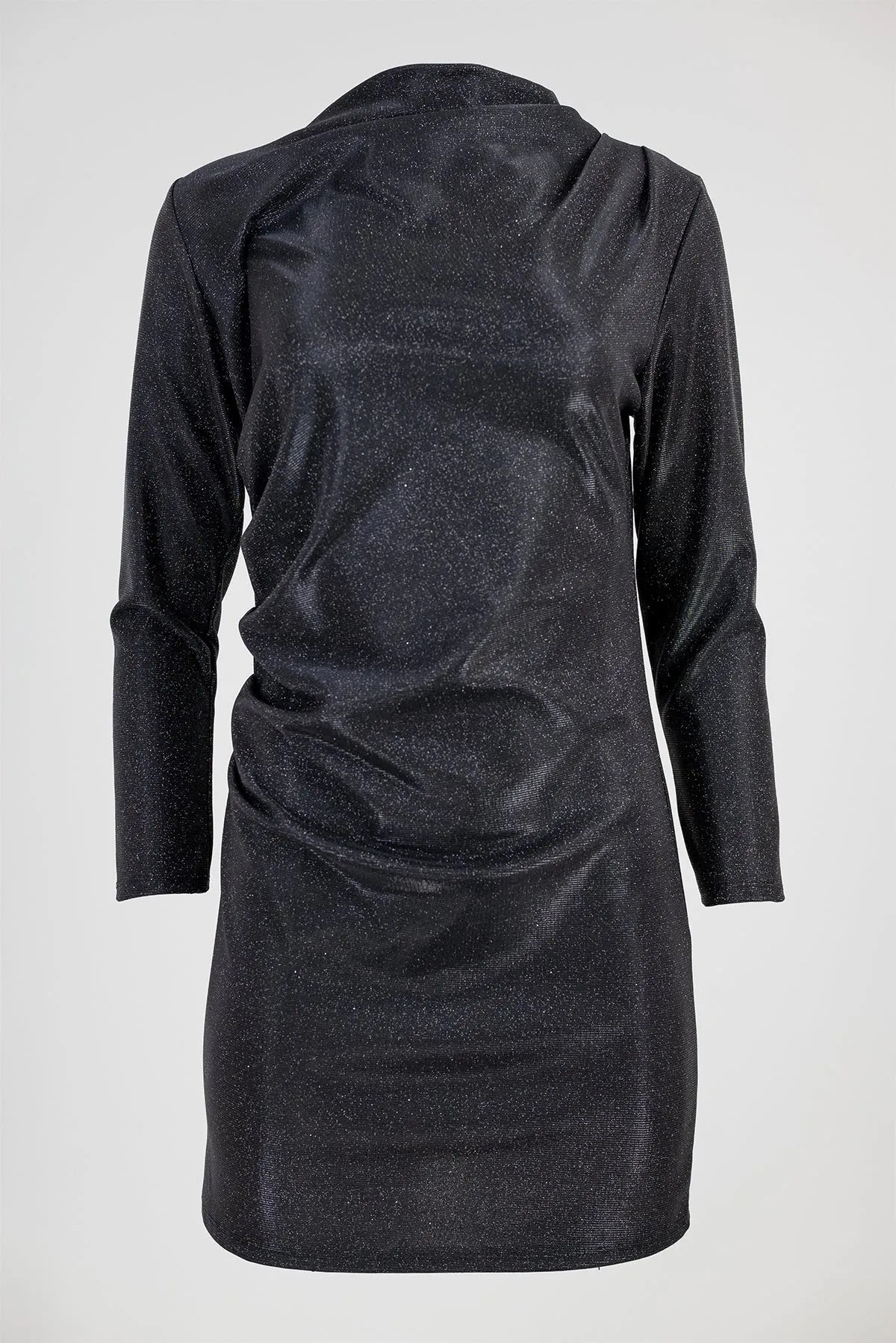 Черна коктейлна рокля с фин блясък и дълъг ръкав – Night Spark-рокли-6Sense