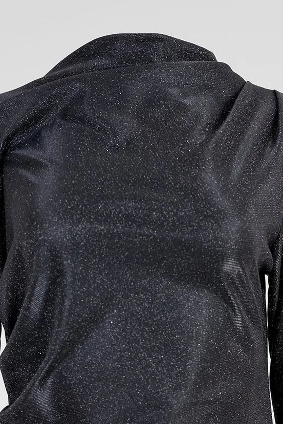 Черна коктейлна рокля с фин блясък и дълъг ръкав – Night Spark-рокли-6Sense