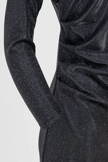 Черна коктейлна рокля с фин блясък и дълъг ръкав – Night Spark-рокли-6Sense