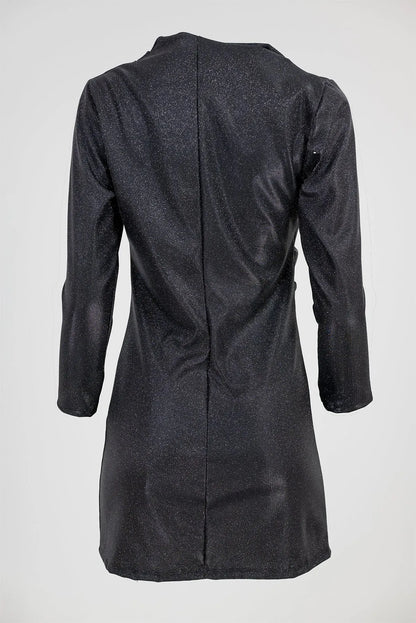 Черна коктейлна рокля с фин блясък и дълъг ръкав – Night Spark-рокли-6Sense