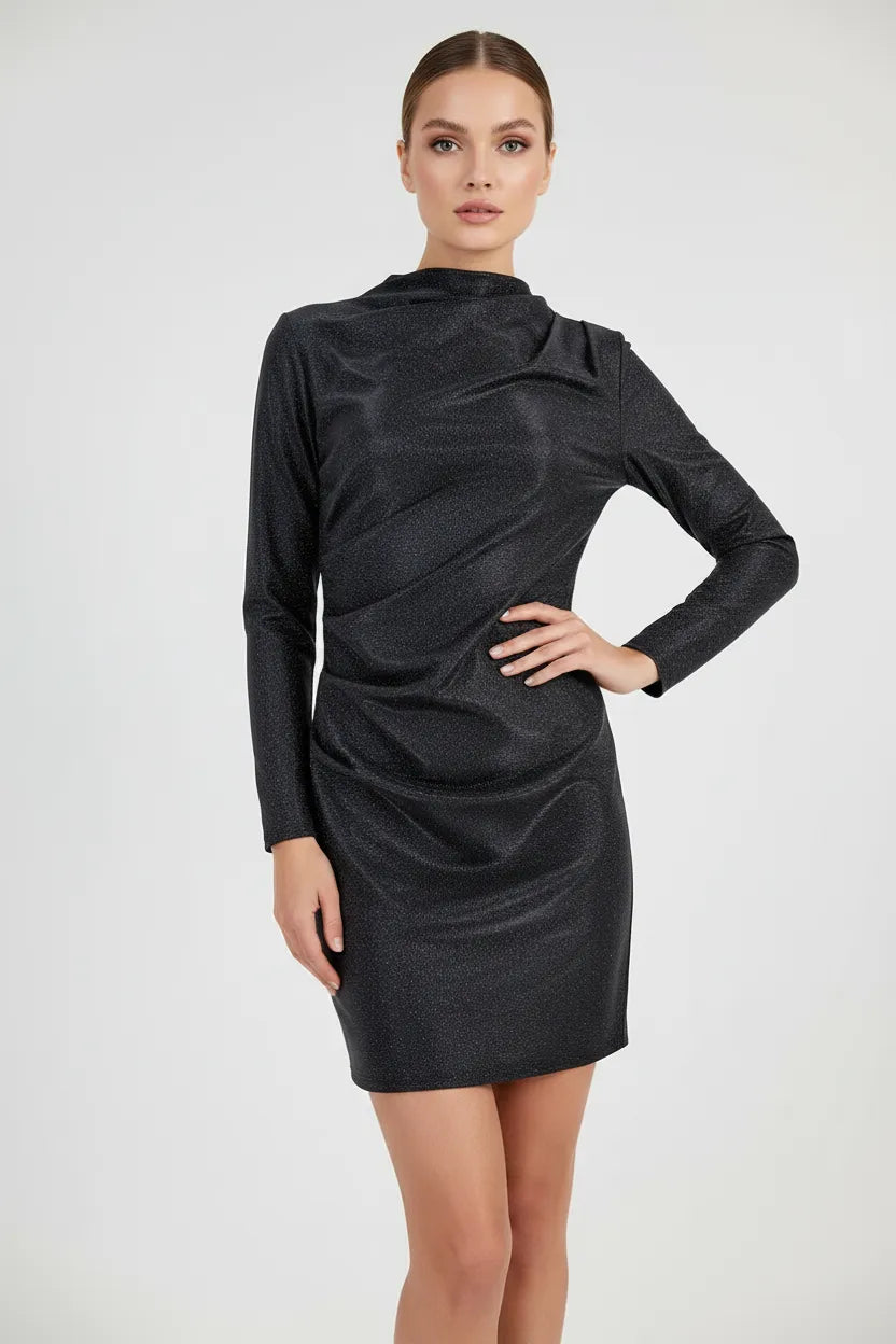 Черна коктейлна рокля с фин блясък и дълъг ръкав – Night Spark-рокли-6Sense