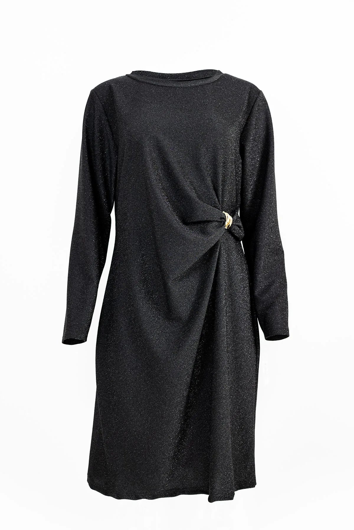 Черна рокля с фин блясък и асиметричен акцент – Black Knot, елегантен дизайн за специални поводи.