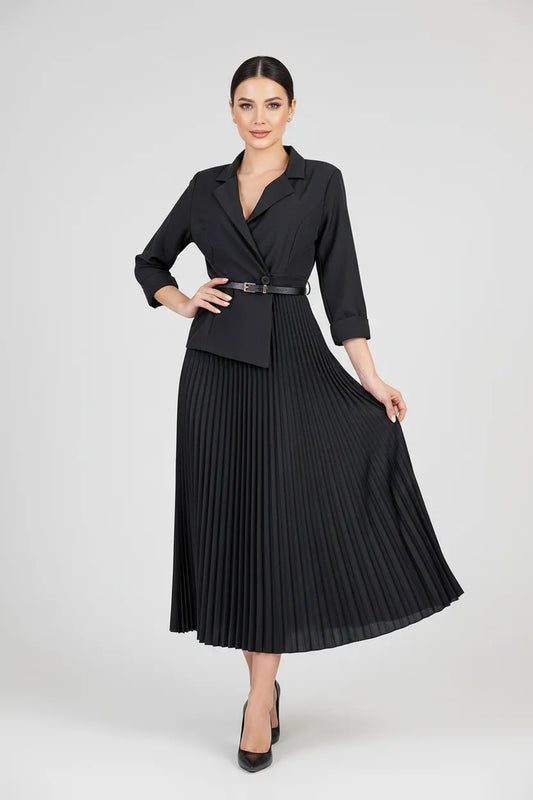 Черна рокля-сако с плисирана пола - Black Muse-рокли-6Sense