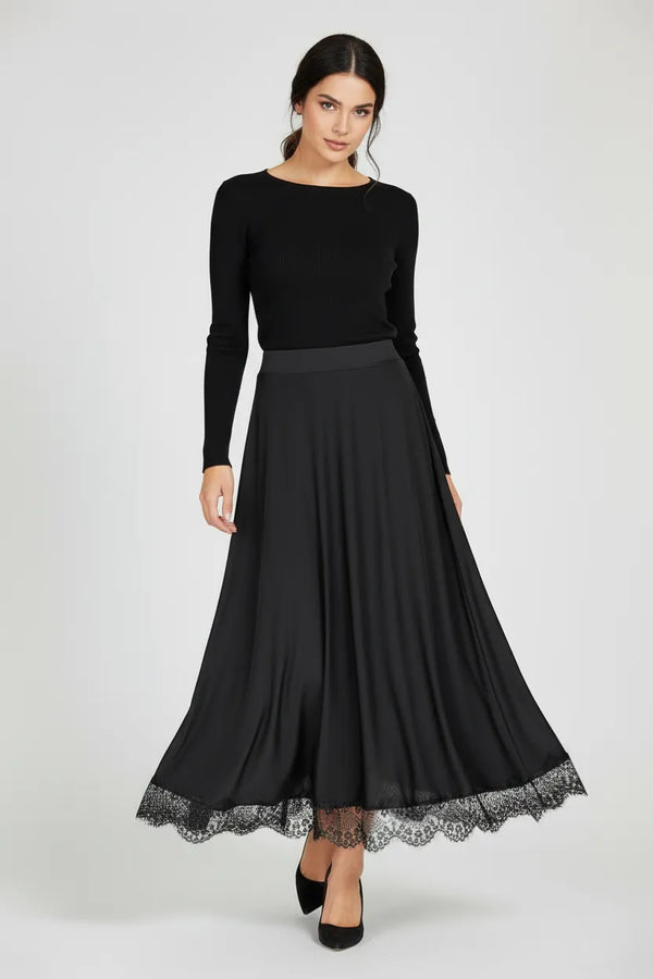 Дамска черна сатенена пола с дантела - Noir Velvet Lace-Поли-6Sense