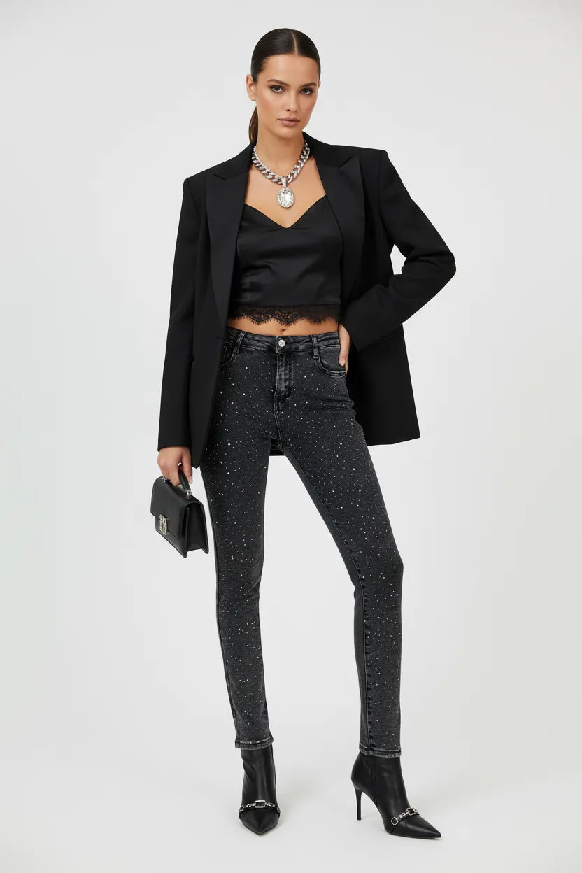 Черни дамски дънки Plus Size с камъни и втален силует – Spark Denim-дънки-6Sense