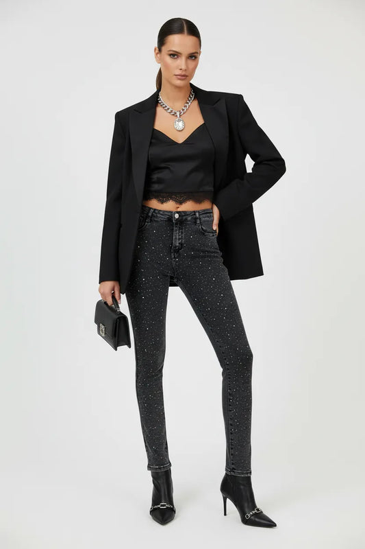 Черни дамски дънки Plus Size с камъни и втален силует – Spark Denim-дънки-6Sense