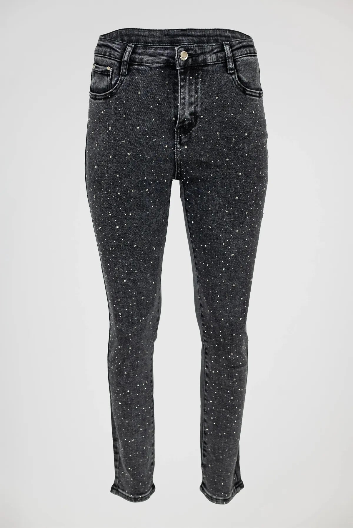 Черни дамски дънки Plus Size с камъни и втален силует – Spark Denim-дънки-6Sense