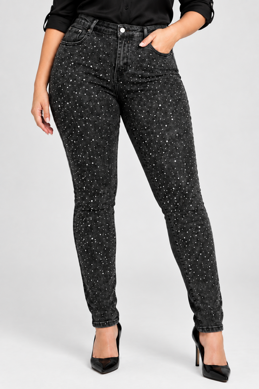 Черни дамски дънки Plus Size с камъни и втален силует – Spark Denim
