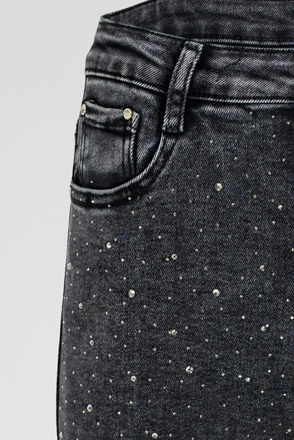 Черни дамски дънки Plus Size с камъни и втален силует – Spark Denim-дънки-6Sense