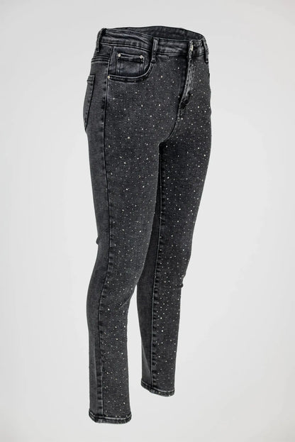 Черни дамски дънки Plus Size с камъни и втален силует – Spark Denim-дънки-6Sense