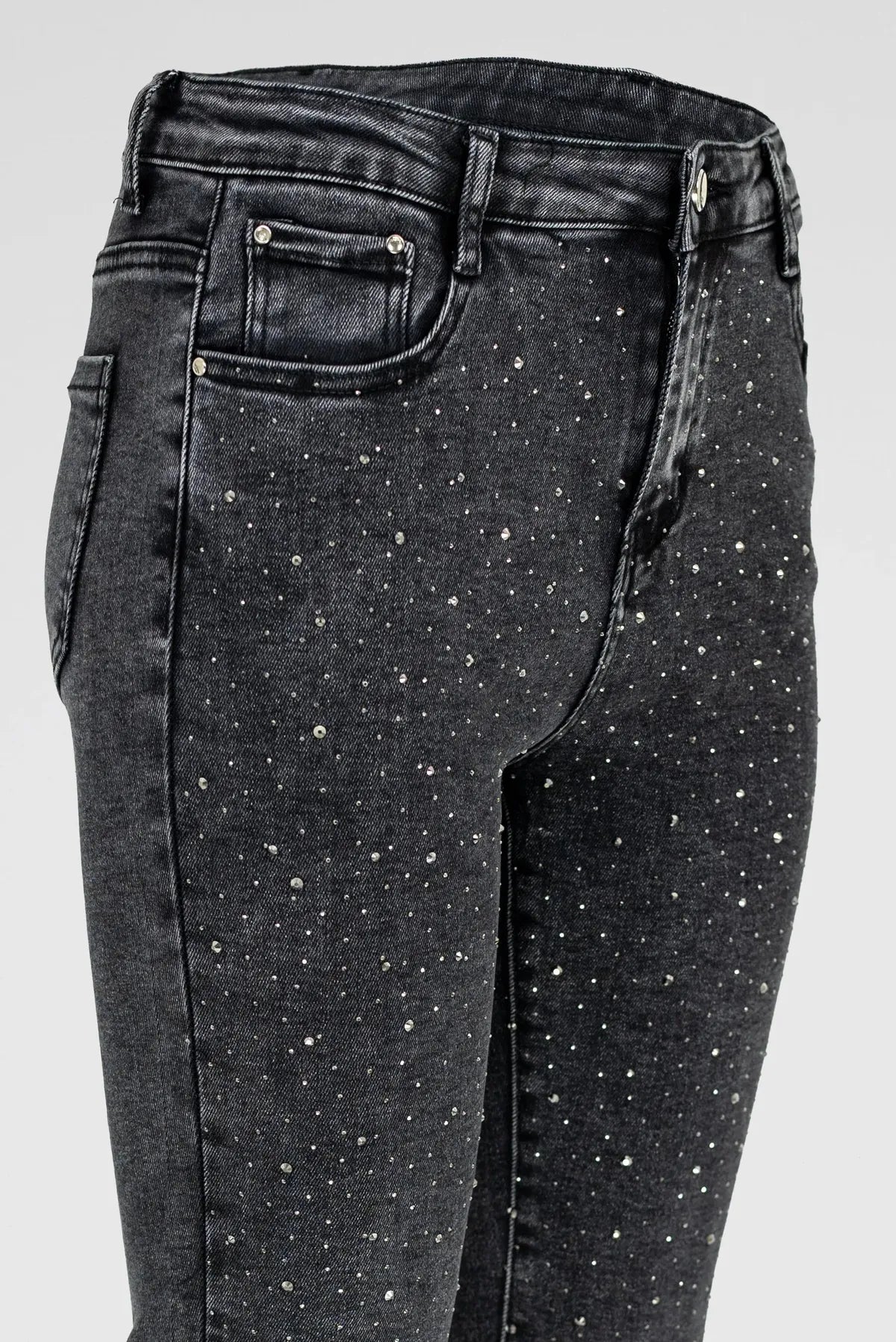 Черни дамски дънки Plus Size с камъни и втален силует – Spark Denim-дънки-6Sense
