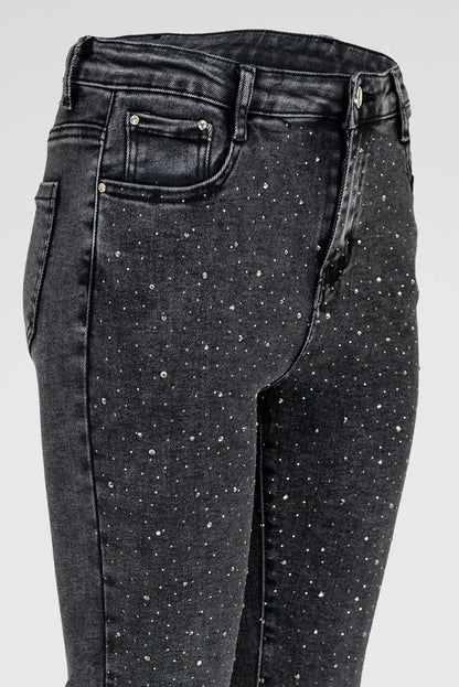 Черни дамски дънки Plus Size с камъни и втален силует – Spark Denim-дънки-6Sense