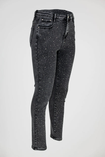 Черни дамски дънки с камъни и втален силует – Spark Denim-дънки-6Sense