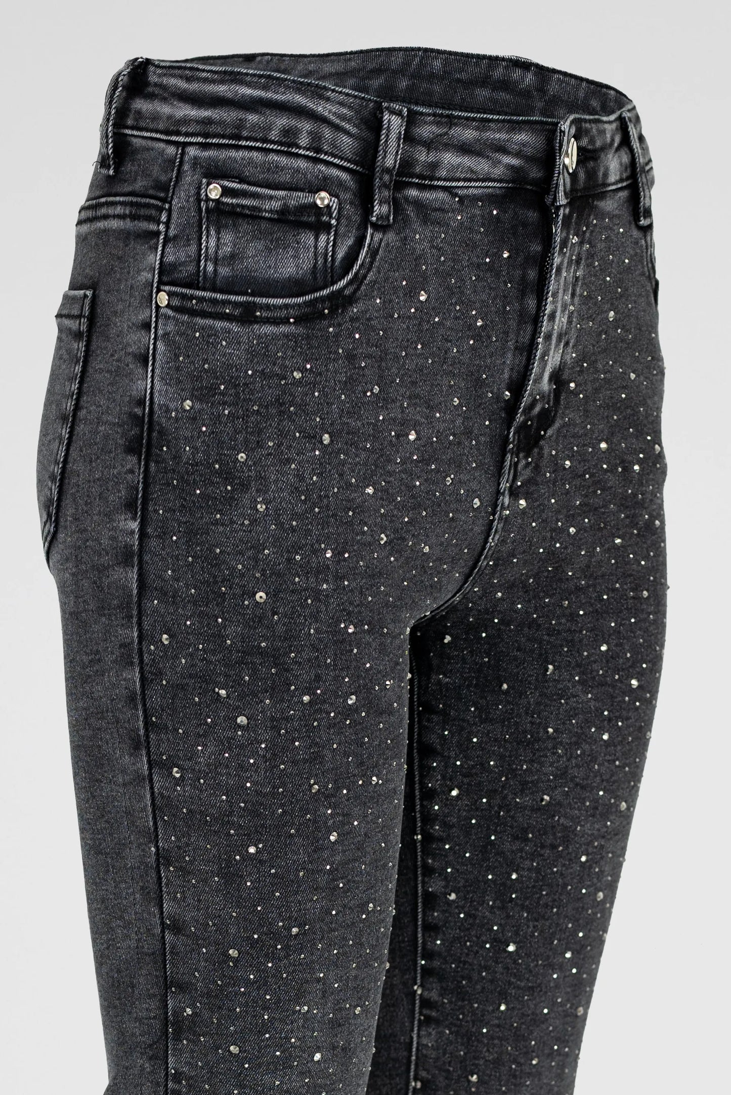 Черни дамски дънки с камъни и втален силует – Spark Denim-дънки-6Sense