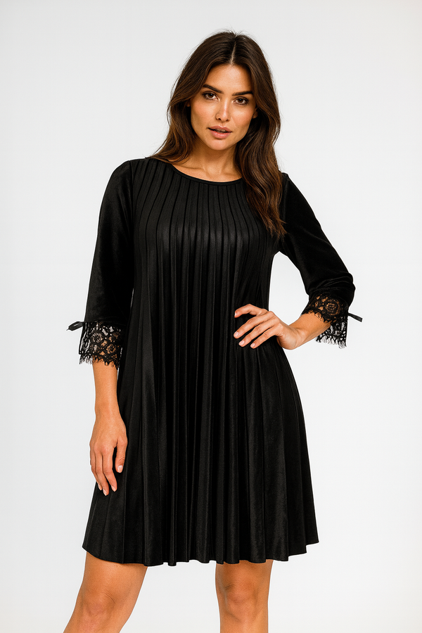 Дамска черна плисирана кадифена рокля с дантела – Midnight Dream