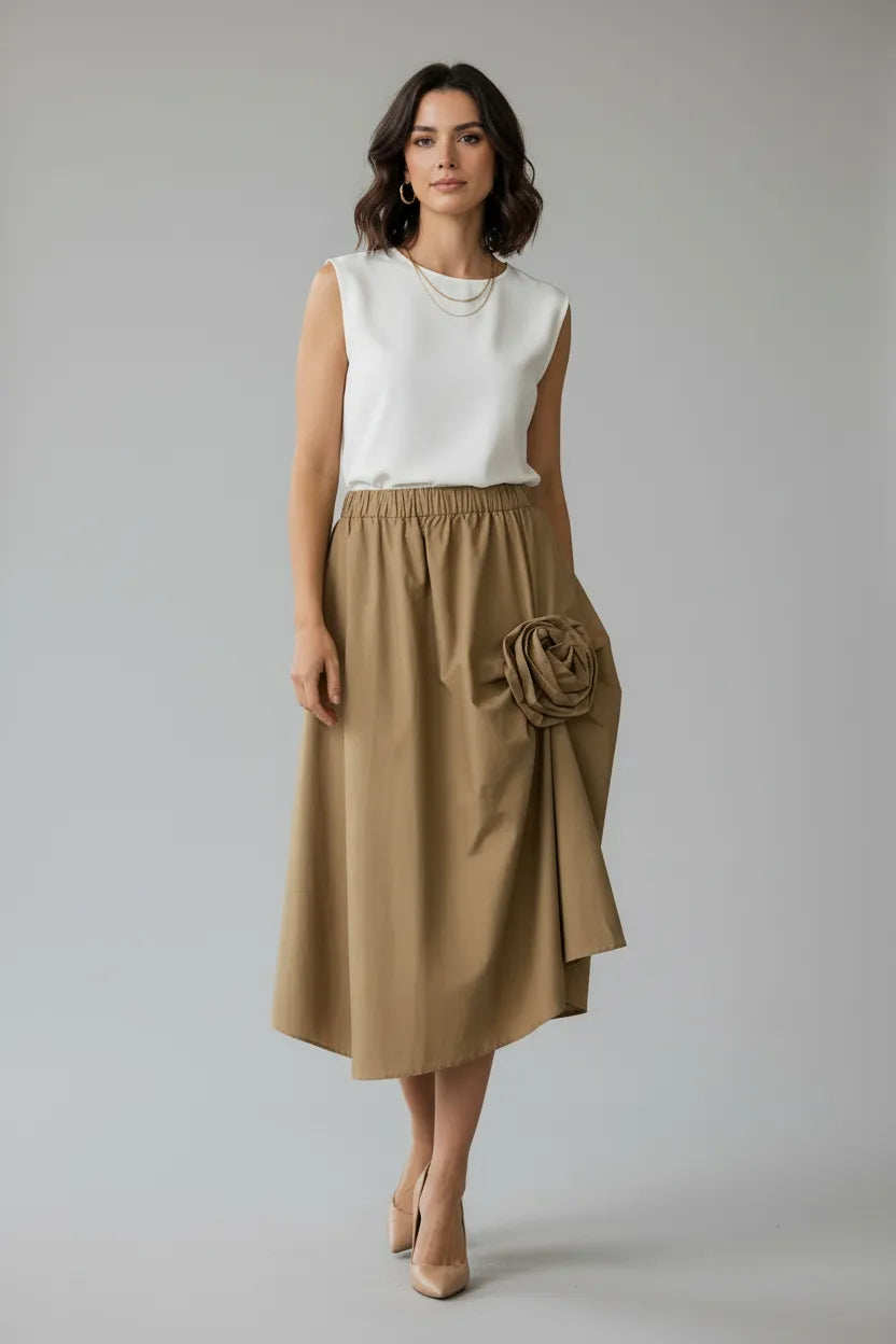 Дамска асиметрична пола - 3D рози в кафяв нюанс - Cream Bloom-Поли-6Sense