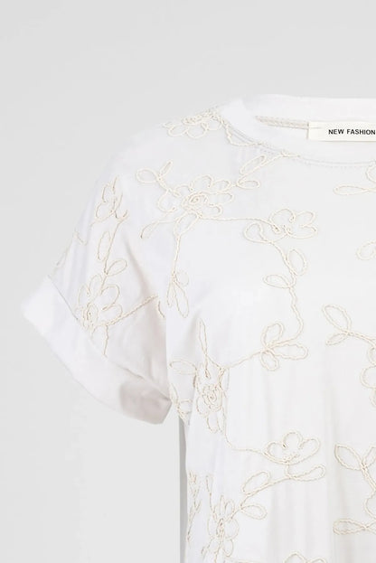 Дамска бежова блуза с флорална бродерия и връзка – Beige Flora-блуза с къс ръкав-6Sense