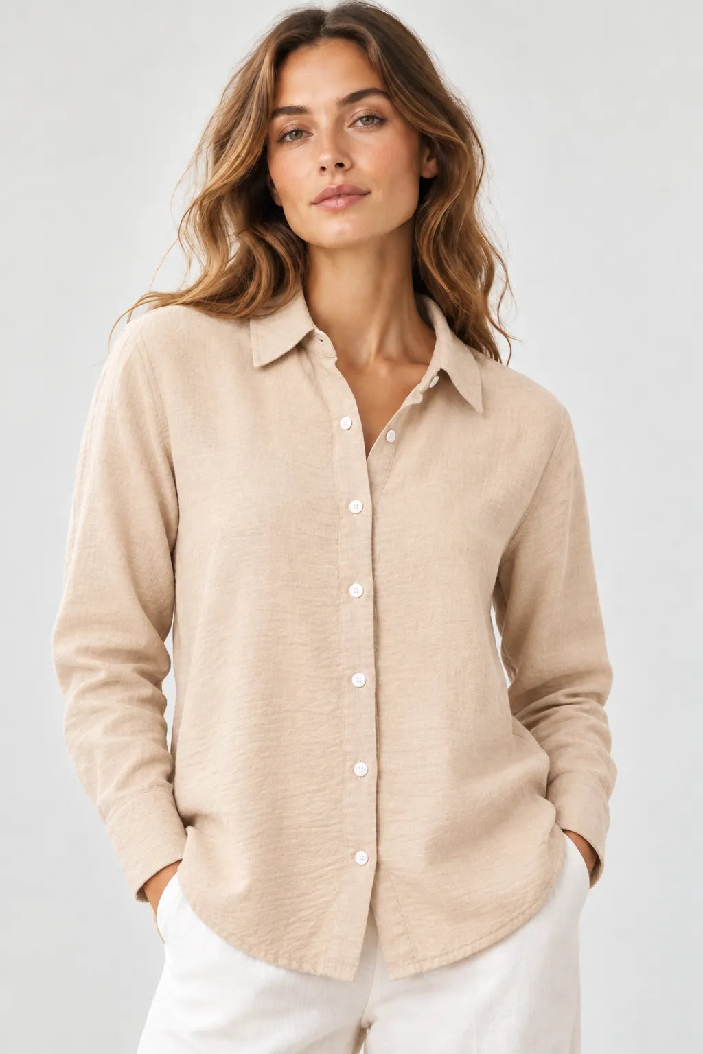 Дамска бежова риза със свободна кройка – Soft Sand Shirt-ризи-6Sense