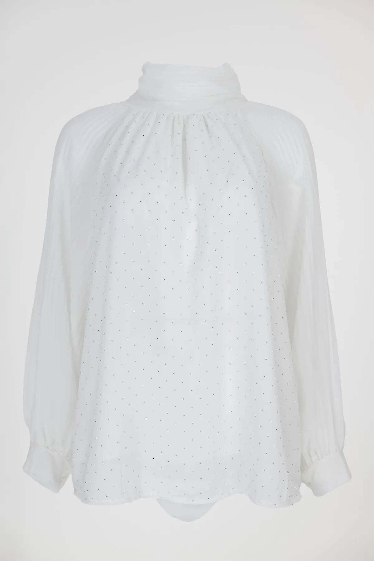 Дамска бяла блуза с висока яка и фини акценти - Lumière-блузи-6Sense