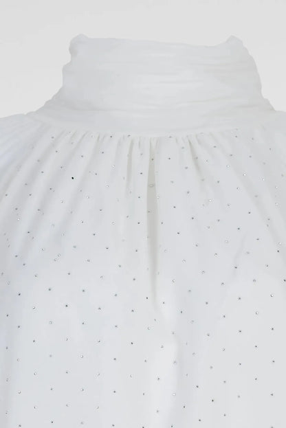 Дамска бяла блуза с висока яка и фини акценти - Lumière-блузи-6Sense