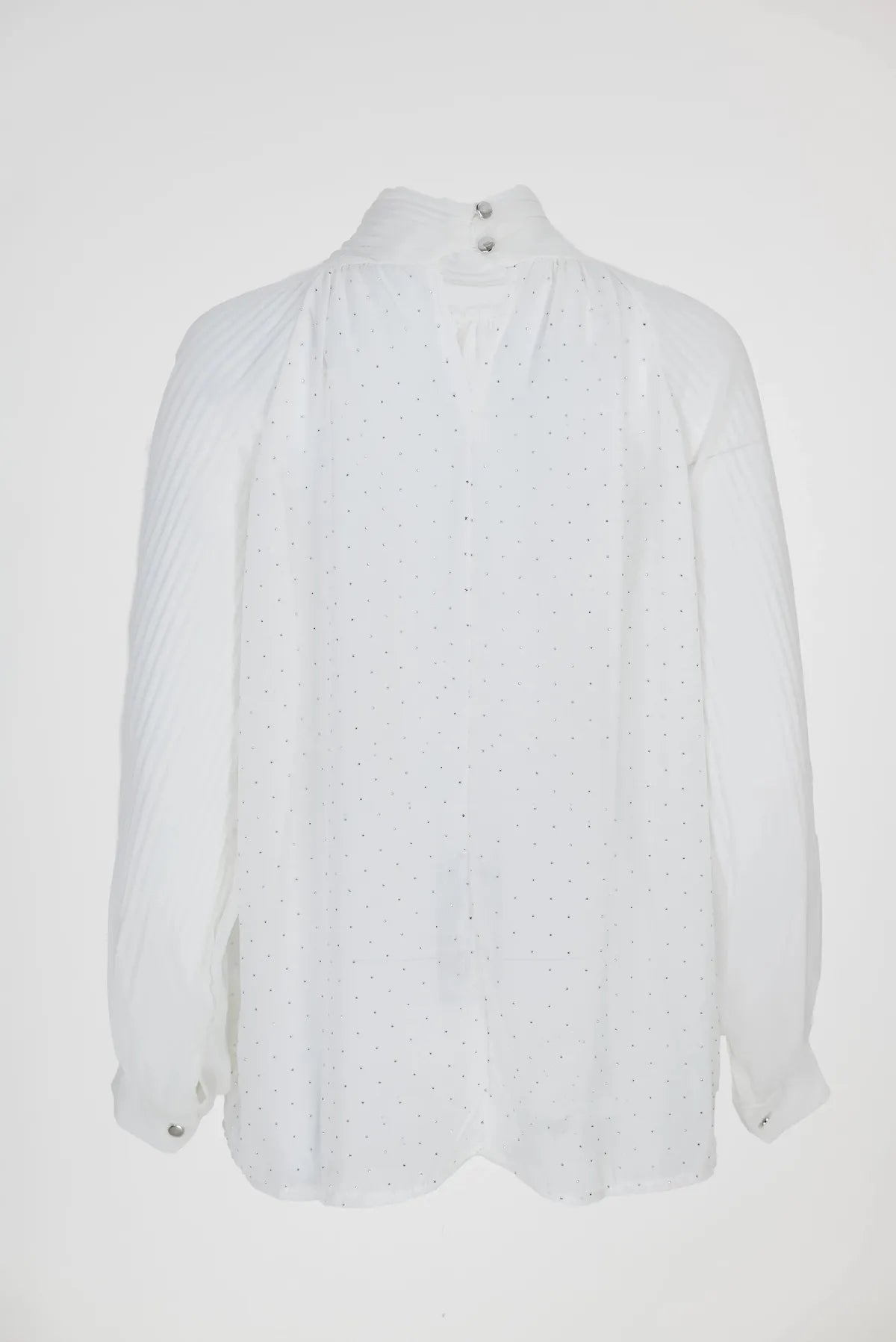 Дамска бяла блуза с висока яка и фини акценти - Lumière-блузи-6Sense