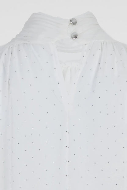 Дамска бяла блуза с висока яка и фини акценти - Lumière-блузи-6Sense