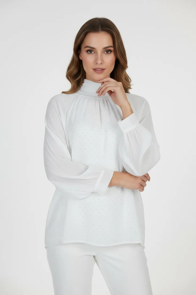 Дамска бяла блуза с висока яка и фини акценти - Lumière-блузи-6Sense