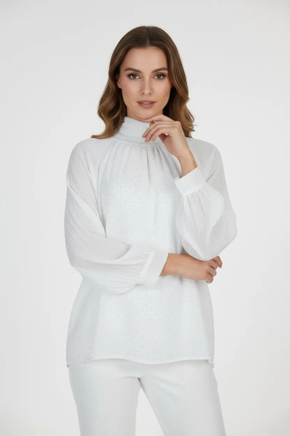 Дамска бяла блуза с висока яка и фини акценти - Lumière-блузи-6Sense