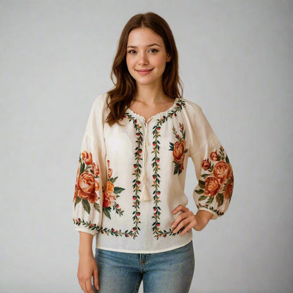 Дамска бяла етно блуза с пищни цветя | колекция есен-зима 6Sense