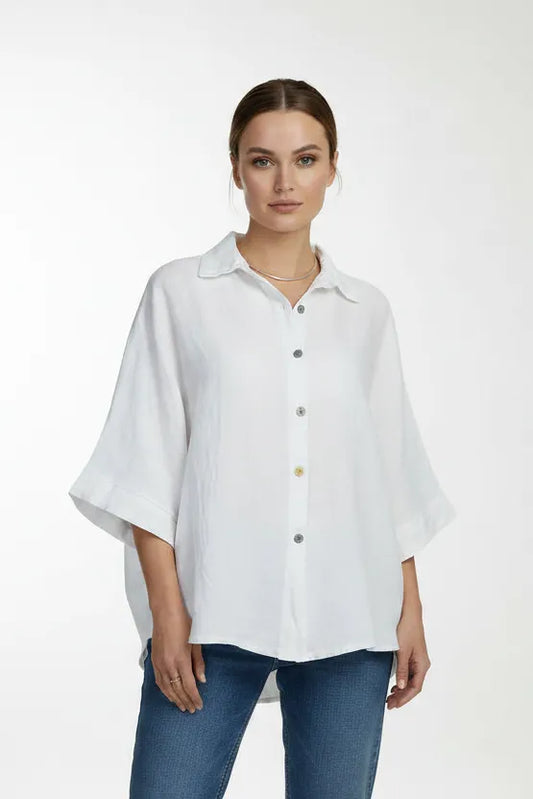 Дамска бяла ленена риза със свободна кройка – Pure Linen-ризи с къс ръкав-6Sense