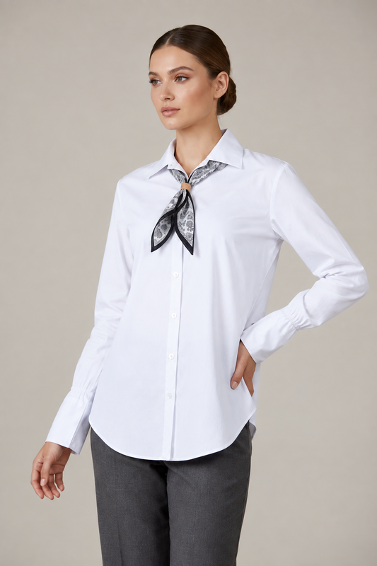 Дамска бяла памучна риза с шалче – White Scarf Shirt-ризи-6Sense