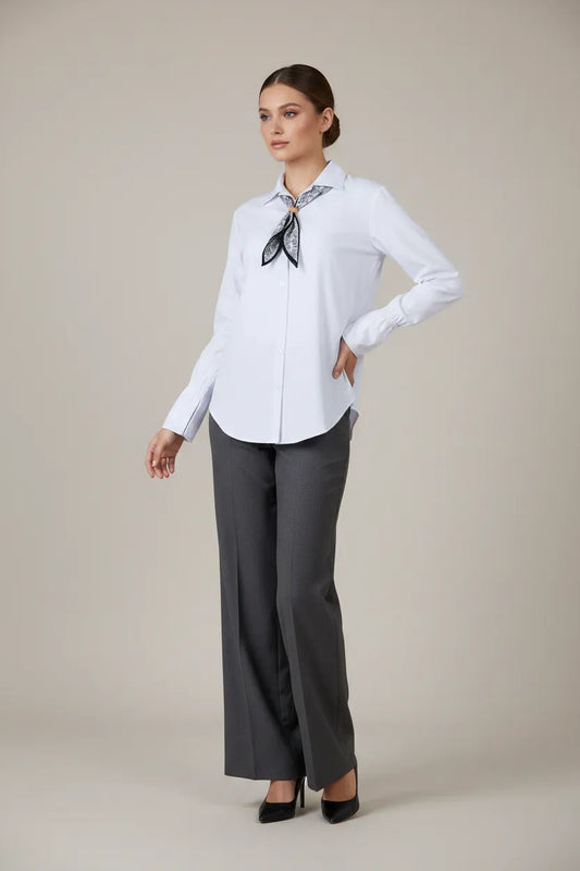 Дамска бяла памучна риза с шалче – White Scarf Shirt-ризи-6Sense