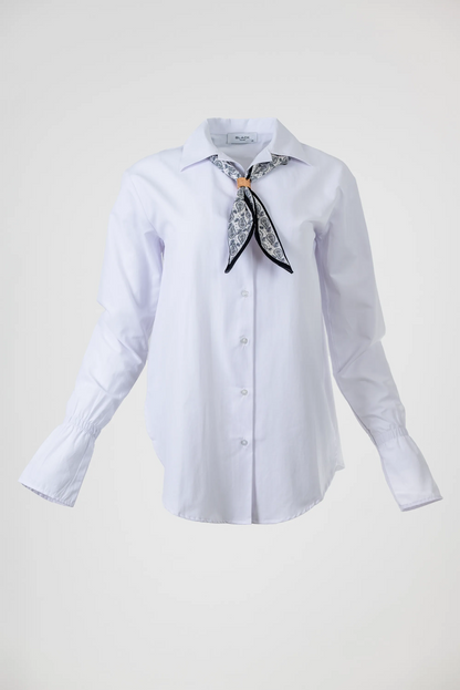 Дамска бяла памучна риза с шалче – White Scarf Shirt-ризи-6Sense